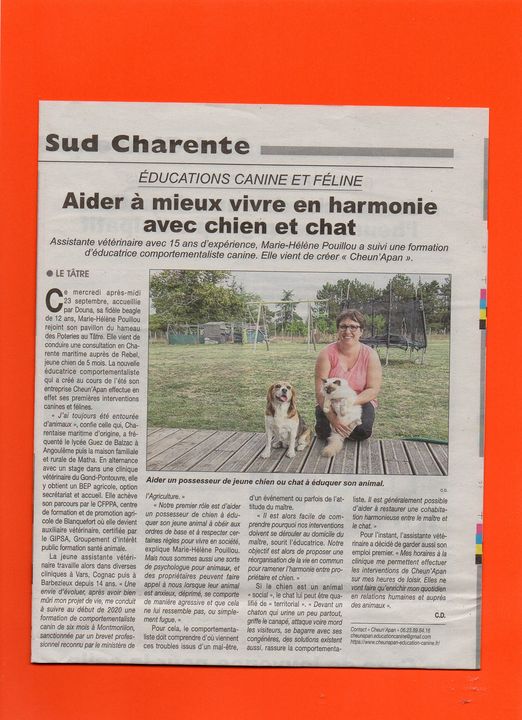 revue de presse : article du journal Charente Libre du vendredi 13 octobre 2020 ; article sur Marie-Hélène Pouillou