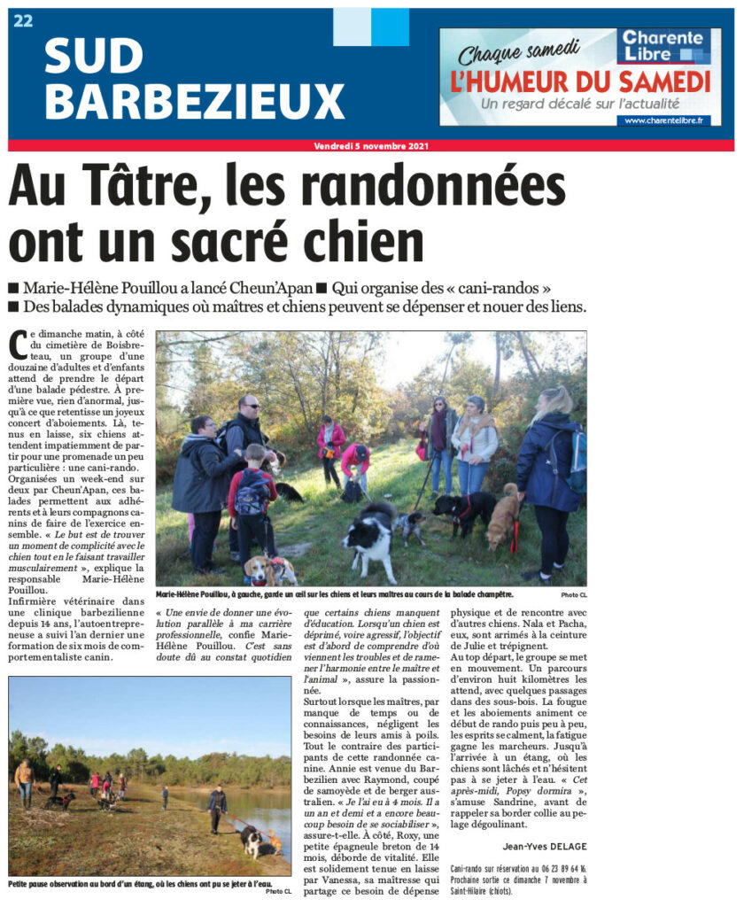 extrait du journal sud barbezieux du 5 novembre 2021 : Au tâtre, les randonnées ont un sacré chien