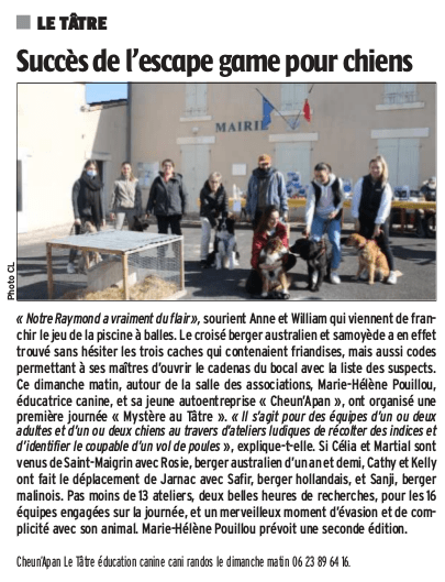 extrait du journal charente libre, rubrique le tâtre : succès de l'escape game pour chiens