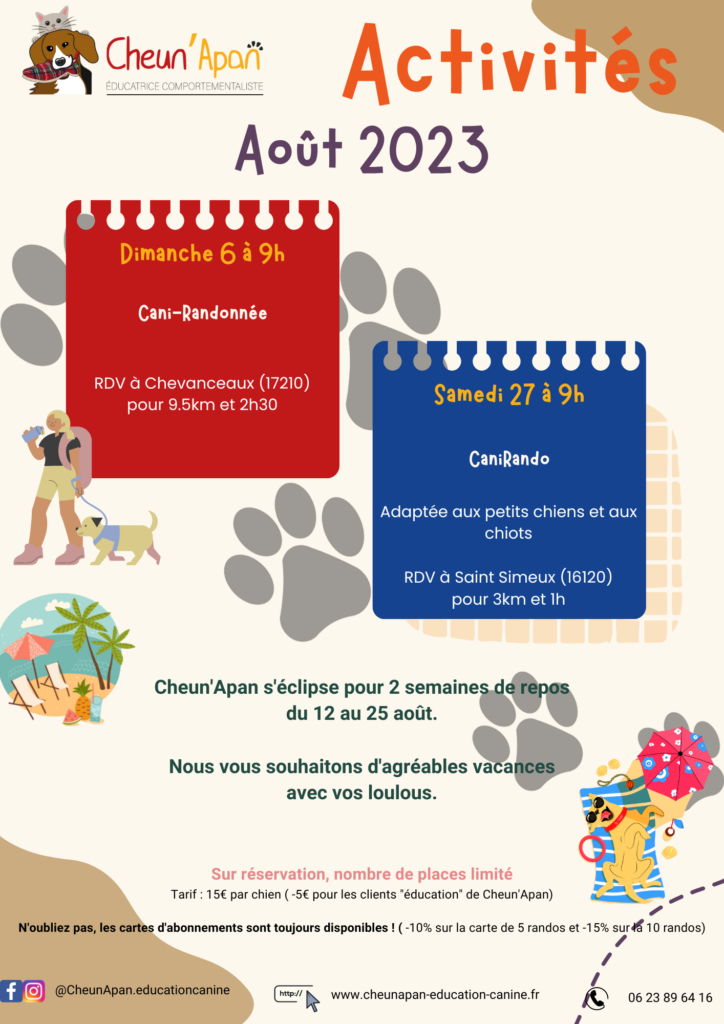 planning des activités collectives d'août 2023. Au programme, 2 cani-randonnées